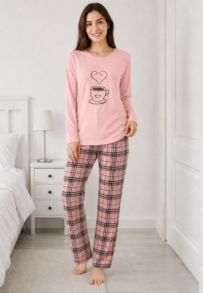Pijama damă Serena cu bluză cu maneca lunga și pantaloni lung -Roz,Engros